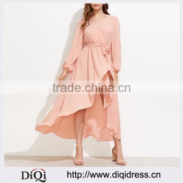 New Arrival High Design Pink Long Split Sleeve V Neck Bind waist Ladies Asymmetrical Maxi Dress