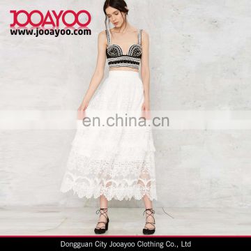 Elegant White Lace Maxi Tiered Skirt with Crochet Hem