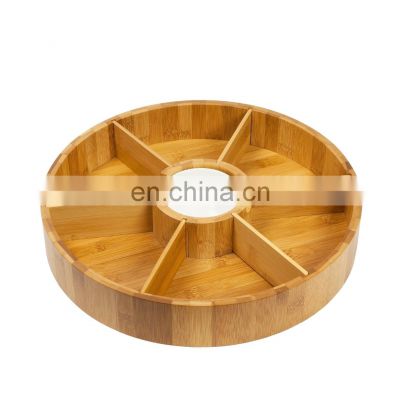 Organic Bamboo Serving Platter Set with Ceramic Dip Bowl and Snacks Divided Serving Tray for Living Room