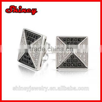 Fathers Day Gift Micro Pave Black White Pyramid CZ Mens Stud Earrings 925 Silver