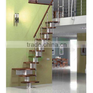 indoor adjustable stringer metal L shape staircase in silver with wood handrail
