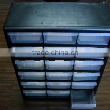 plastic tool case with 18 storage drawers