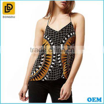 Brand unique black high class fashion embellished beaded cami tank top for ladies