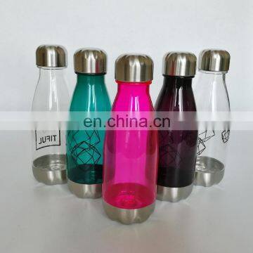 Custom 2018 cola shaped plastic water bottle with metal lid