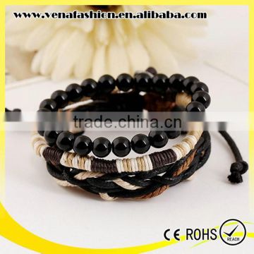 wood bead custom leather braided bracelet, leather beaded wrap bracelets                        
                                                Quality Choice