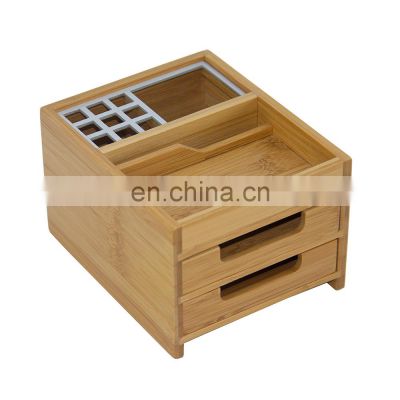 Bamboo promotional office decorative desktop pencil pen holder with drawer