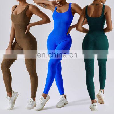 Ribbed Seamless Deep Square Neck Fitness Jumpsuits Women Oem Backless One Pieces Bodysuits