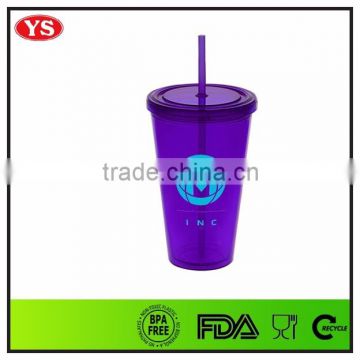 Eco-friendly 16 oz double wall insulated plastic cups with straw