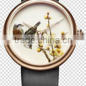 Chinese Style Watches with Embroidery Patterns PU Strap Watches Rose Gold Bezel