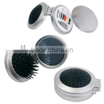 Multifunction plastic round mirror with brush and sewing kit