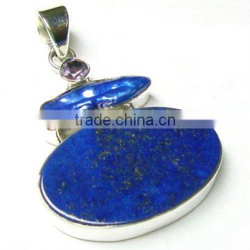 925 Sterling Silver Lapis Lazuli Biwa Pearl Amethyst Pendant