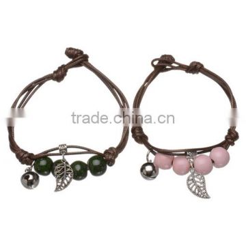 Brown wax cord woven leaf charms bracelets trendy leaf charms lucky couple bracelets for her gifts 2016