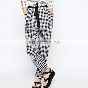 Tie waist 100%cotton Vintage grid pattern Casual pants