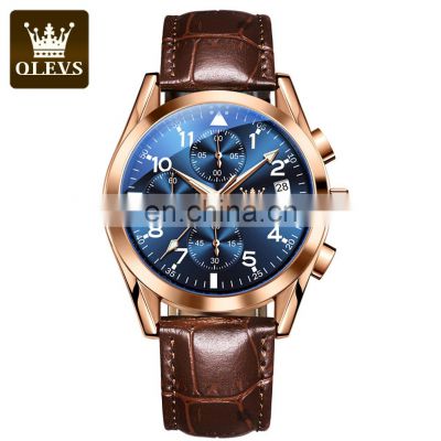 OLVES 2878 High Quality Man Quartz Movement Brand Name Watches Leather Complete Calendar Suppliers Watch Men Watch
