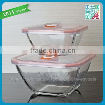 Home use bottom Square Glass Bowl Tempered Glass Crisper with plastic Lid