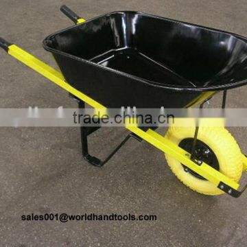 yellow wheel and handle with black tray wheelbarrow