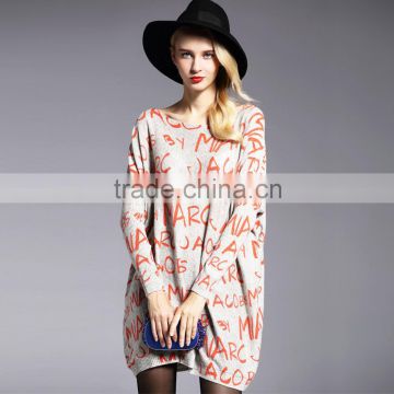 2016 Woman Long Sleeve Sweater Letters-Printing Femme Chemise Midi Length Knitting Loose Dress