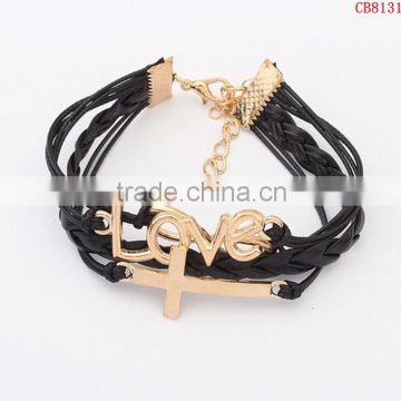 CB8131 men' hot sale braided friendship bracelet cross ,love leather bracelet jewelry from china