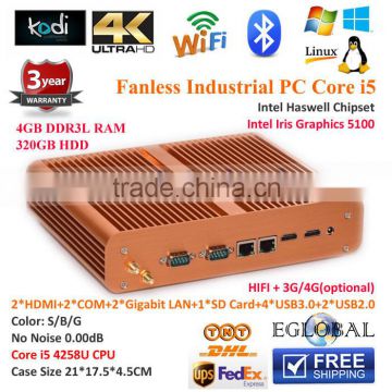 New Mini Fanless PC Computer Industrial PC i5 with Intel Core i5 4258u 2.4Ghz 2*HD MI HD Out 4G RAM 320G HDD 2 Lan port 2 com