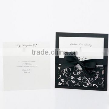 2015 newest elegant pocket wedding cards, newmengxing card, black ribbon can change color
