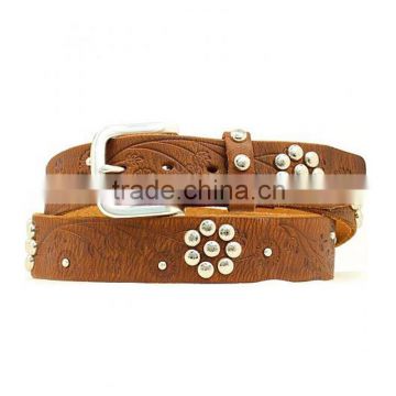 Western Brown Belt Embossed With Floral Silver-tone Studs Floral Studded Belt