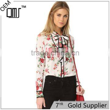 2017 Latest long sleeve spring fashion ladies floral tie neck blouse