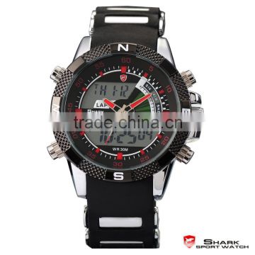 Shark Analog Digital Quatrz LCD Day Date Rubber Band Men LED Wrist Watch