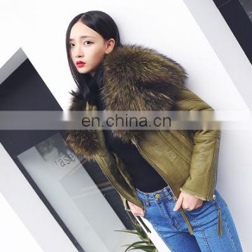 2016 Fashion European Leather Jacket Trench Raccoon Fur Coat For Ladies