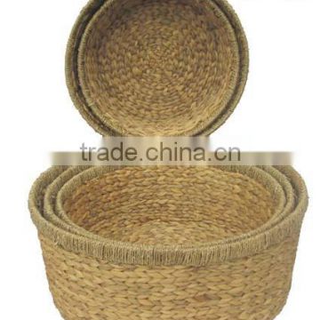 Round water hyacinth storage basket with Seagrass line