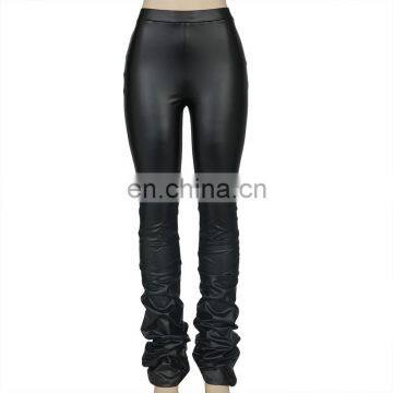 Women's Autumn/Winter New Solid-color Stacked Pant Elastic High-waisted Leather bunches with elastic at the foot