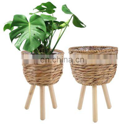 Hot Selling Water Hyacinth floor standing plant pot with wooden leg plant stand basket planter pot wholesale