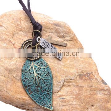 Vintage Genuine Leather Necklace with Bronze Green Leaf Pendant.