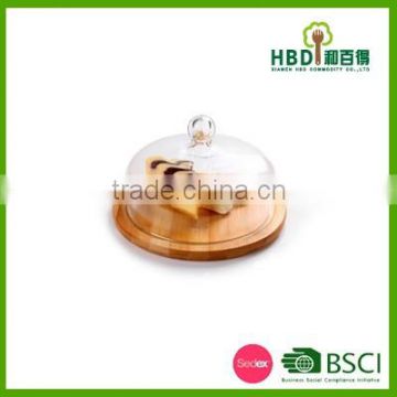 Hot selling glass cheese dome with bamboo base/glass dome with bamboo base