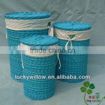 large round wicker laundry basket with lid