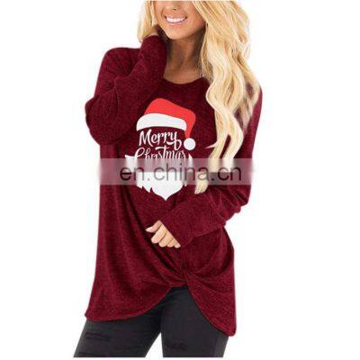 2021 Amazon Printed Christmas Twisted Hem Top European and American Large Size Women's Long Sleeve T-Shirt