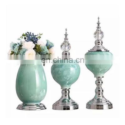 Home Decoration Ornament Tall Green Silver Lid Ceramic Porcelain Vase