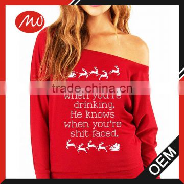 Juniors high quality full word print off shoulder christmas sweater