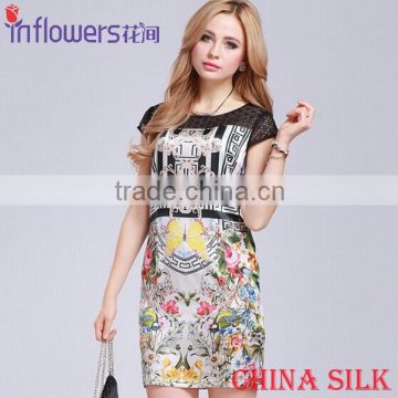 Designed ladies Chinese silk dress flower printing 100% Silk multicolor dress