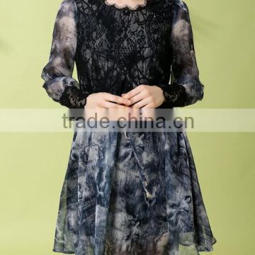 2016 Ladies Spring Summer Printed Long Sleeve With Lace Patches Short Chiffon Dress