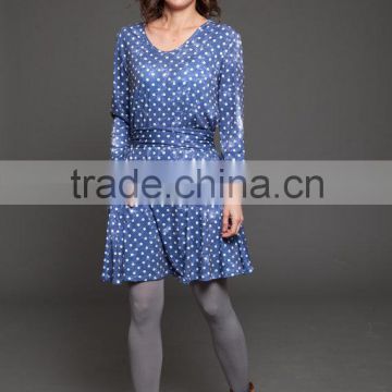 Blue polka dots MINI dress - loose fit dress- womens casual winter dress
