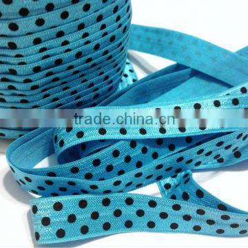 5/8 inch wholesale blue polka dot print fold over elastic trim