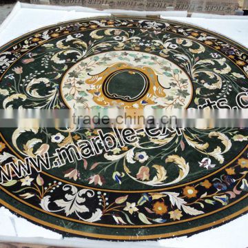 Large Green Marble Round Shape Dinning Table Top, Pietra Dura Marble Table