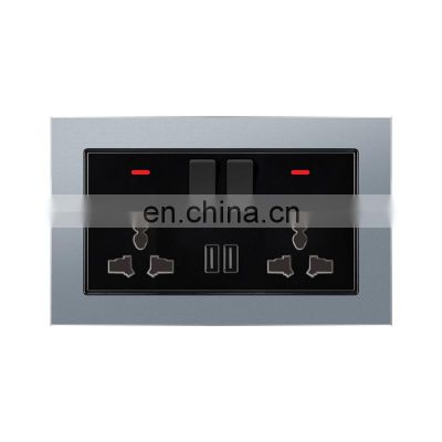 Universal Double 3 pin Wall Socket With Switch Aluminum Alloy Panel With USB Sockets And Switches Electrical With LED Light