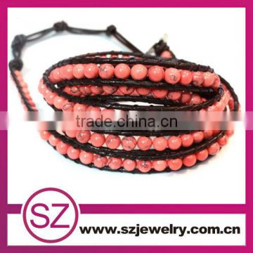2013 fashion jewelry 5 wrap gemstone bead leather bracelet