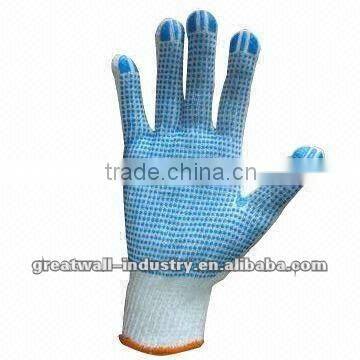 10 Gauge Knitting Seamless T/C Gloves, Bleached White, Single-sided PVC-dotted Palm and Finger
