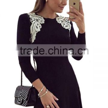 Lace Shoulder Applique Black Long Sleeve Skater Dress LC22757