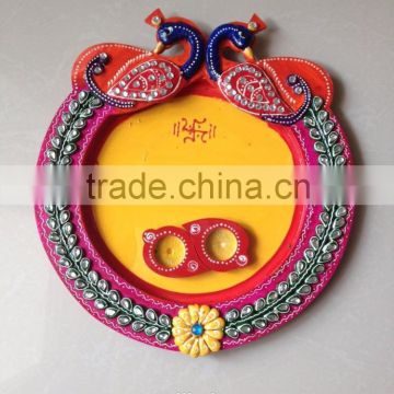 Hand crafted Gift Wooden Decor Paper Mache Thali Peacock Design