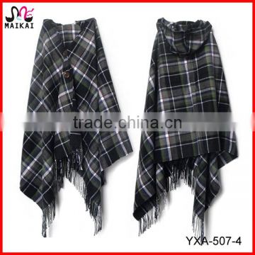 2015 top selling plaid checked winter acrylic cashmere poncho