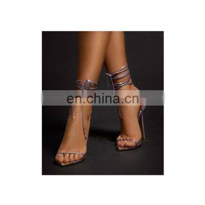 Purple color women snake print lace up design high heel women's comfortable stylish heel ladies sandals shoes