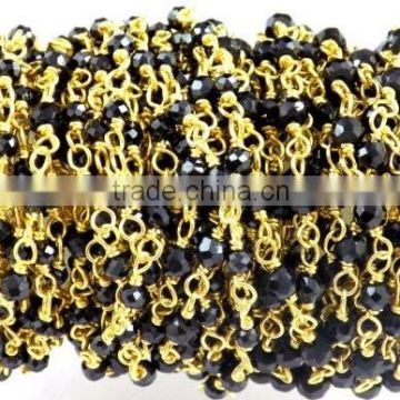 3 Feet Natural Black Spinel 2mm Faceted Rondelle Rosary Style Wire Wrapped Beaded Chain 24k Gold Plated